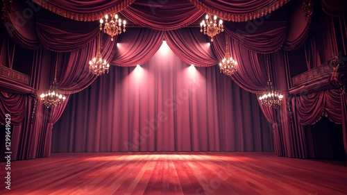 Elegant theater stage with rich curtains and chandeliers ready for performance at evening gala