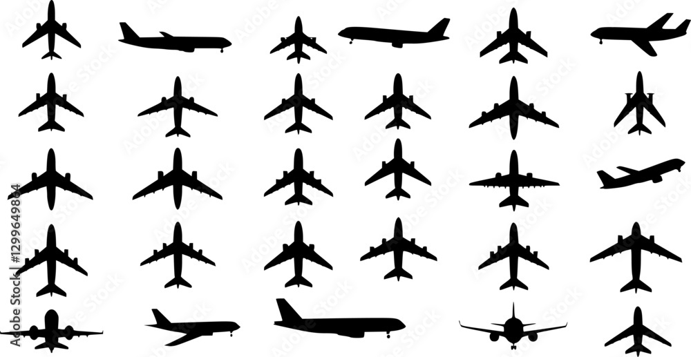 Naklejka premium set of passenger planes silhouette, collection of airplanes in flat style vector 