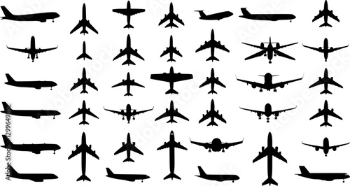 set of passenger planes silhouette, collection of airplanes in flat style vector
