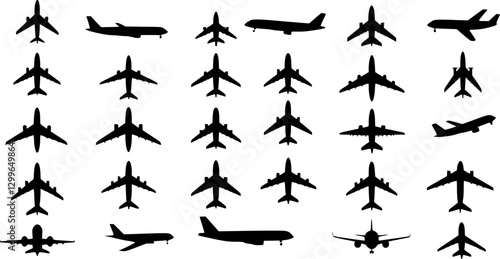 set of passenger planes silhouette, collection of airplanes in flat style vector
