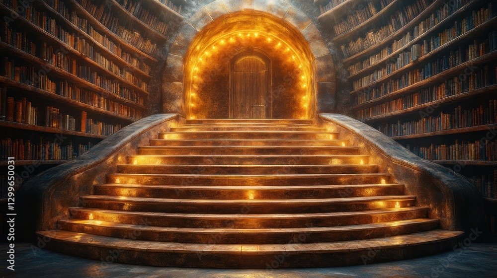 Obraz premium Magical library stairs, arched doorway, fantasy
