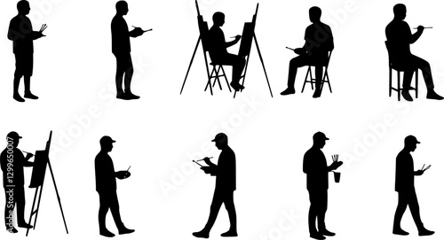artists, people draw on an easel, set of silhouettes, collection
