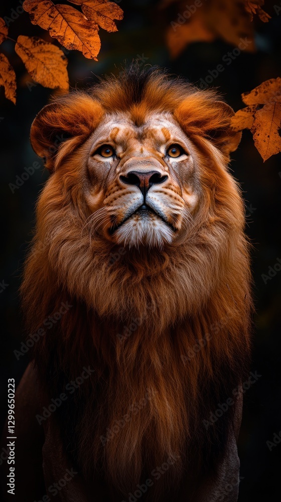 Majestic lion autumn leaves portrait, nature wildlife Majestic lion autumn leaves portrait, nature wildlife