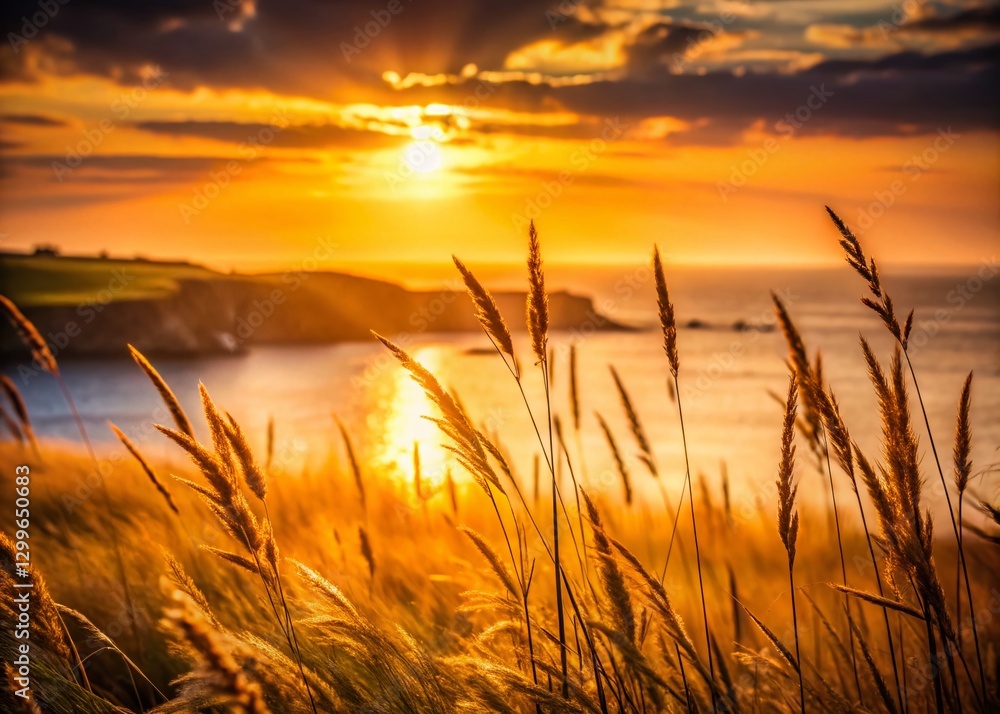 Pembrokeshire Coast Sunset: Double Exposure of Golden Sky and Silhouetted Grass Pembrokeshire Coast Sunset: Double Exposure of Golden Sky and Silhouetted Grass