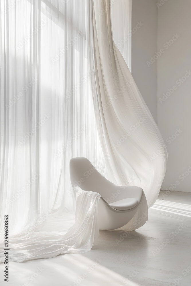 White chair with white curtains in the room. White chair with white curtains in the room.
