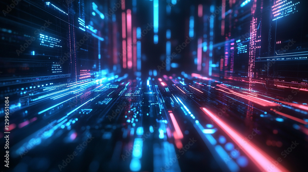 Abstract digital technology background with neon blue and pink lines data code light speed future Abstract digital technology background with neon blue and pink lines data code light speed future