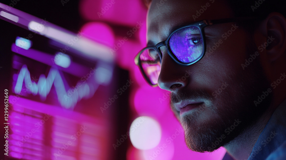 Focused man analyzing data on computer screen neon lights work pink blue dark chart graph night style Focused man analyzing data on computer screen neon lights work pink blue dark chart graph night style