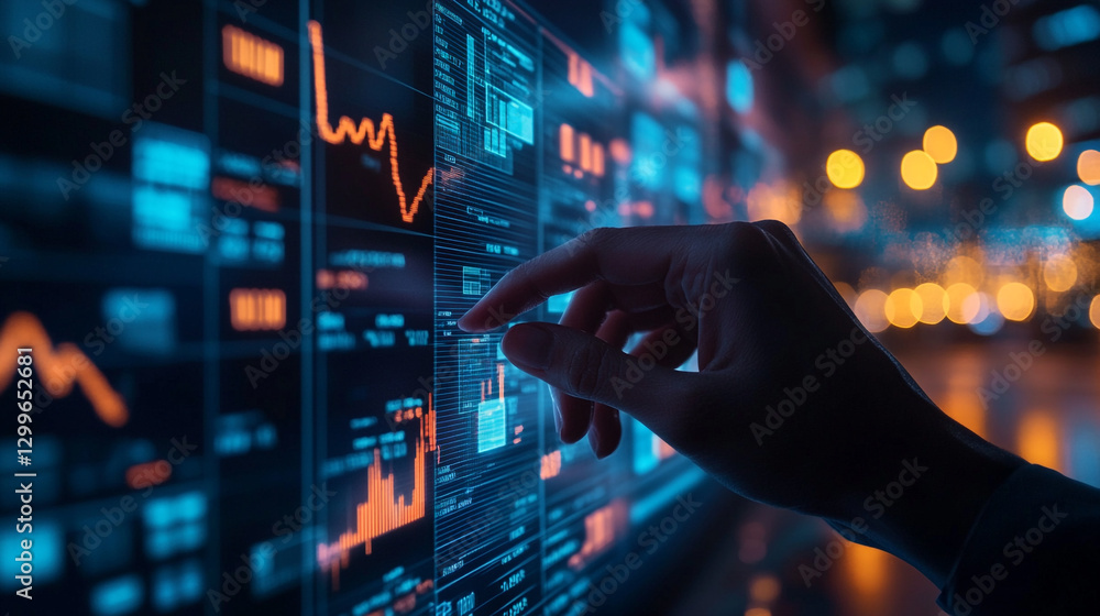Analyzing financial data on modern digital screen display hand cyber charts graphs market growth Analyzing financial data on modern digital screen display hand cyber charts graphs market growth