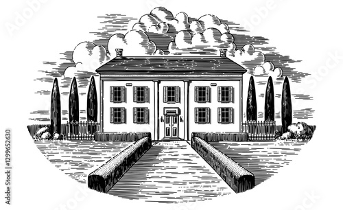 Italian or French villa from riviera. Mediterranean landscape for wine label with vineyards and cypress tree. Old building drawing in traditional pen and ink engraved style. South houses for bottle