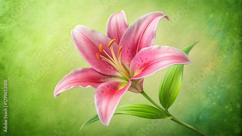Pink Lily Flower Paper Drawing, Green Background - Botanical Illustration