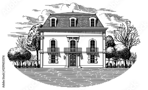 Italian or French villa from riviera. Mediterranean landscape for wine label with vineyards and cypress tree. Old building drawing in traditional pen and ink engraved style. South houses for bottle