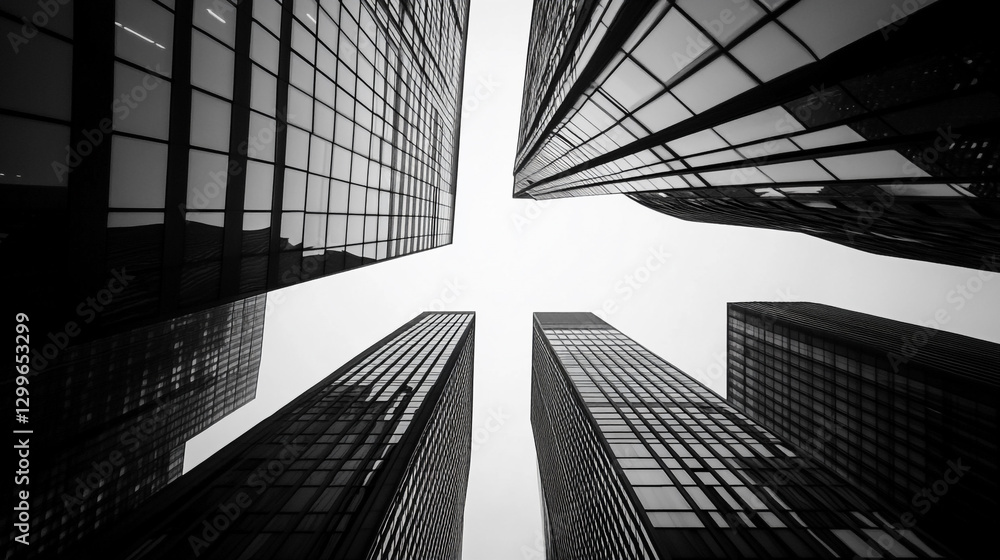 Fototapeta premium Modern city architecture black and white skyscrapers urban lines glass steel design shapes windows