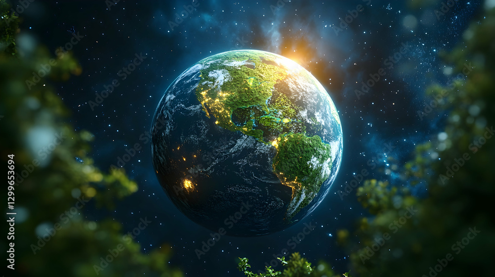 Obraz premium Earth at Night, Framed by Trees in Space