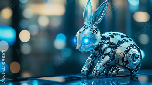 A sleek, robotic rabbit with blue glowing eyes sits against a blurred bokeh background, showcasing intricate metal detailing and a futuristic design