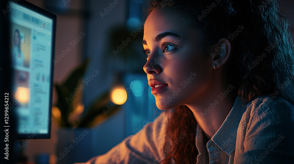 Naklejka premium Young woman focused on computer screen at night working late girl home desk dark blue adult light