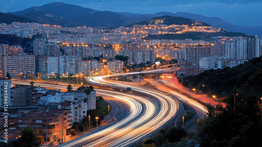 Obraz premium Night Cityscape: Highway Lights and City Lights