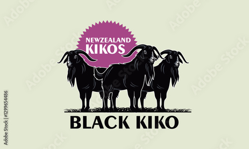 NEW ZEALAND KIKOS GOAT LOGO, silhouette of great black goats standing vector illustrations