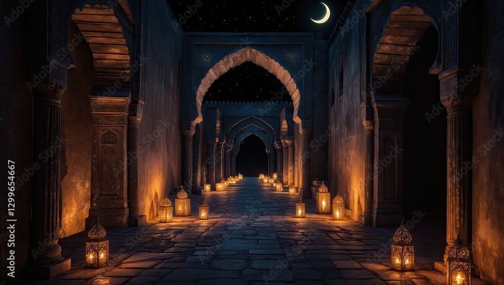 Obraz premium Magical Ramadan Night Scene with Crescent Moon, Lanterns, and Ancient Islamic Architecture.