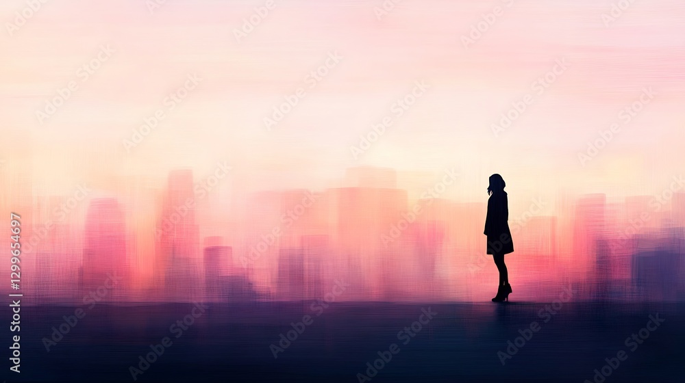 Fototapeta premium Woman sunset hues pastel cityscape background