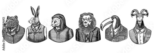 Photography 6 different animals and birds in humans clothes and suits