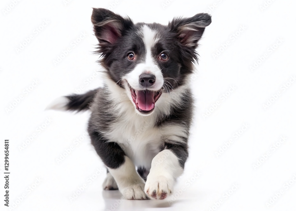Playful Border Collie Puppy Running, Isolated White Background Stock Photo Playful Border Collie Puppy Running, Isolated White Background Stock Photo