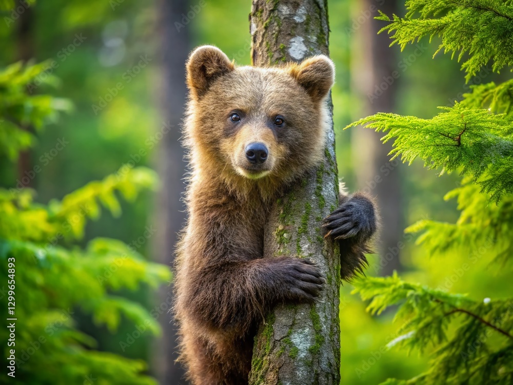 Obraz premium Playful Brown Bear Cub Climbing Tree in Lush Summer Forest