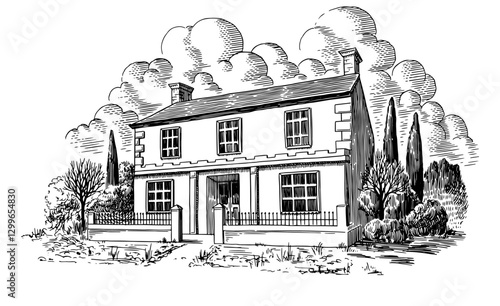 Italian or French villa from riviera. Mediterranean landscape for wine label with vineyards and cypress tree. Old building drawing in traditional pen and ink engraved style. South houses for bottle
