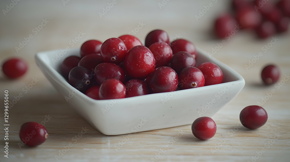 Fresh Cranberries in White Bowl on Wooden Table