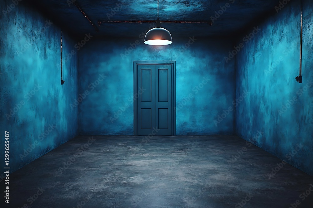 Illuminated door stands at the end of an eerie blue textured room Illuminated door stands at the end of an eerie blue textured room