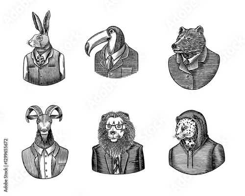 6 different animals and birds in humans clothes and suits. Lion, tuscan bird and bear next to rabbit and goat for drinks or emblems. Anthropomorphic wild animals drawing. Hand drawn sketchy old style