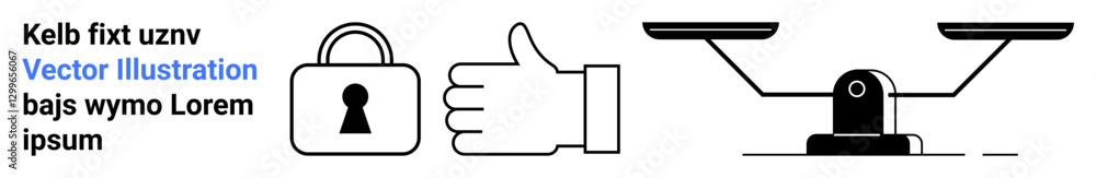 Padlock with keyhole, thumbs-up hand, and a balance scale. Ideal for security, approval processes, privacy, balance, decision-making user experience user interface design. Landing page Padlock with keyhole, thumbs-up hand, and a balance scale. Ideal for security, approval processes, privacy, balance, decision-making user experience user interface design. Landing page