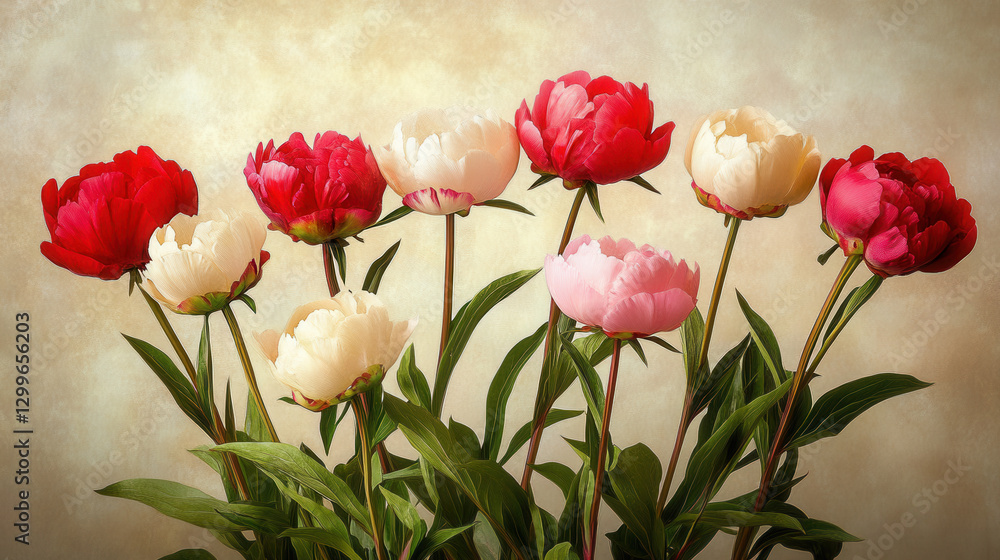 Fototapeta premium An artful portrayal of delicate peonies in a balanced composition, featuring a spectrum of gentle ivory, blush pink