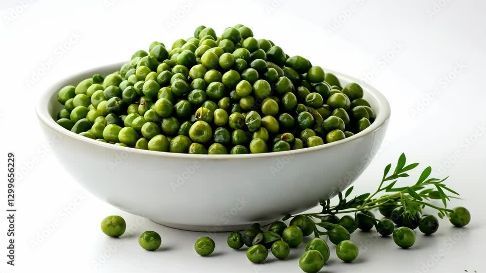 Fresh green peas arranged beautifully in a white bowl with delicate greenery beside them on a clean kitchen surface Fresh green peas arranged beautifully in a white bowl with delicate greenery beside them on a clean kitchen surface