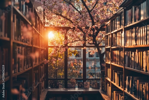 Sun-Drenched Parisian Bookstore with Open Windows and Cherry Blossoms