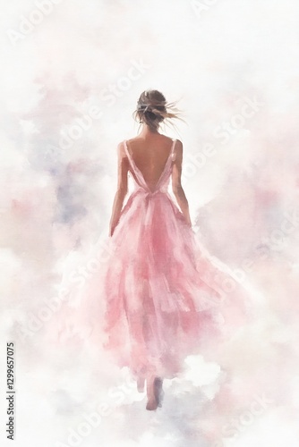 Elegant lady pastel pink dress watercolor bokeh