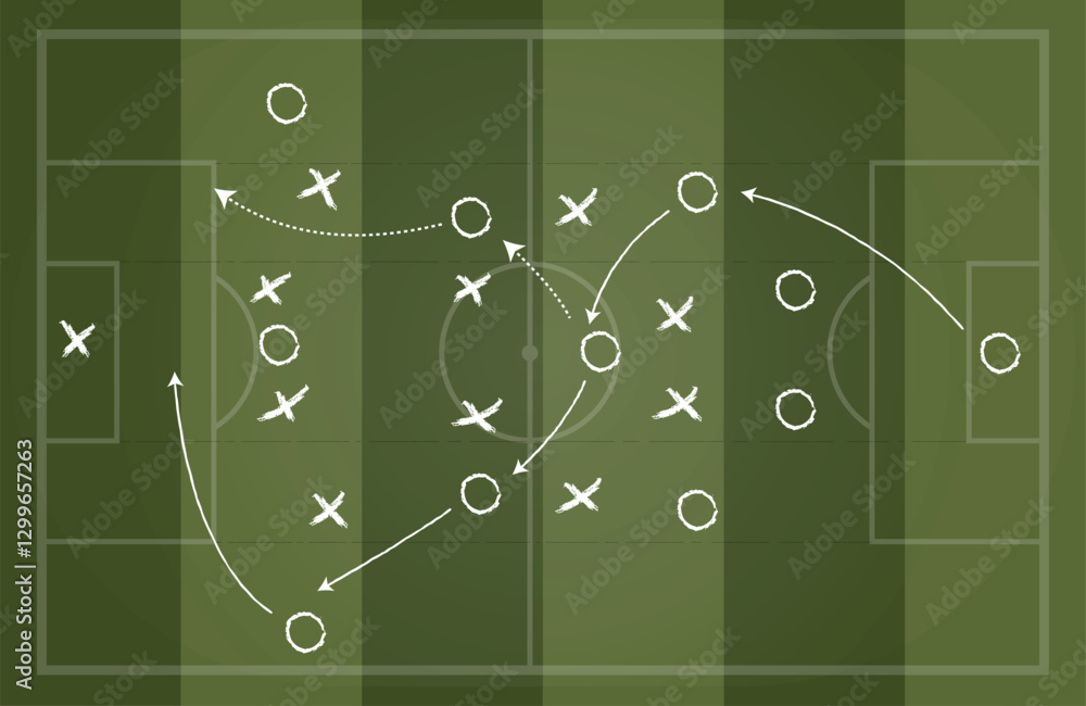 Fototapeta premium Tactic for soccer. Scheme for training of football team Soccer strategy field, football game tactic sport plan outline vector illustration stock stock illustration