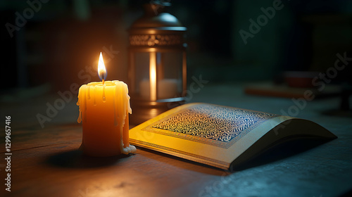 Wallpaper Mural Illuminated Book and Candle on Wooden Table Torontodigital.ca