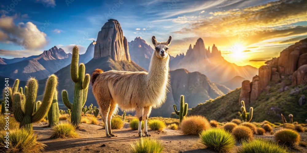 Fototapeta premium Proud Llama in Desert Cactus Landscape - Majestic Andean Animal Stock Photo