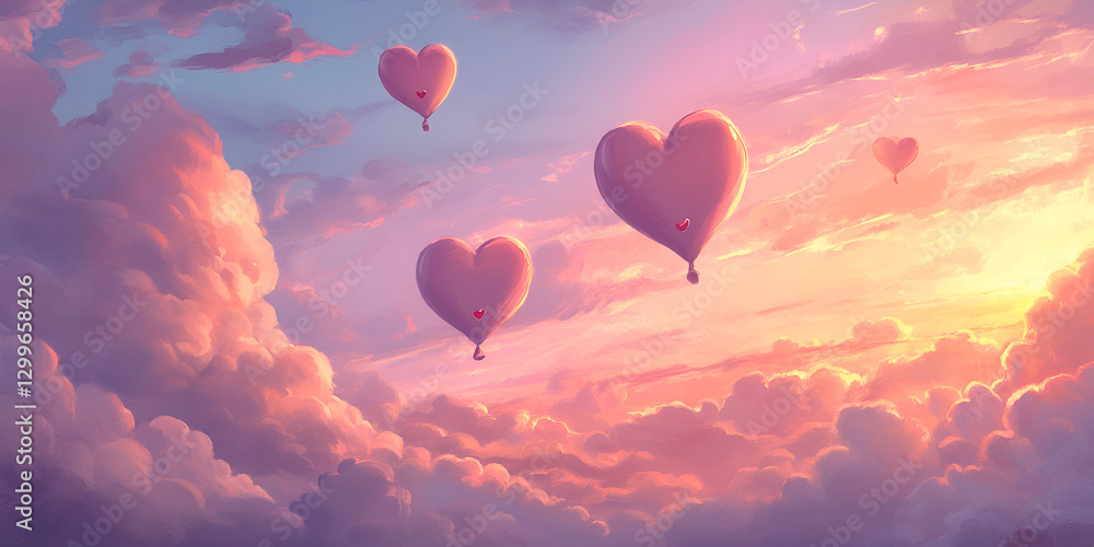 Obraz premium Heart-Shaped Balloons Rising Over a Pastel Sky for Romantic and Festive Designs