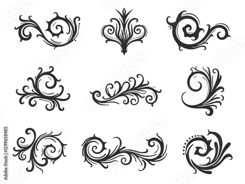 Elegant decorative swirl and spiral vector silhouettes for graphic design, invitations, logos, tattoos, and art projects  
