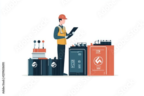 Industrial Worker with Equipment Checking Control Dashboard