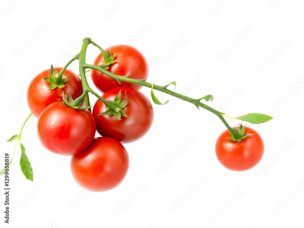 Fresh ripe tomatoes on a branch being sprayed with water against a white background, isolated, ingredient Fresh ripe tomatoes on a branch being sprayed with water against a white background, isolated, ingredient