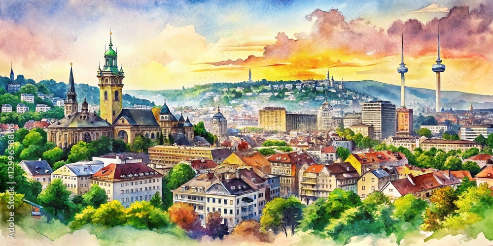 Fototapeta premium Purple Watercolor Stuttgart Skyline - German Cityscape Panoramic View
