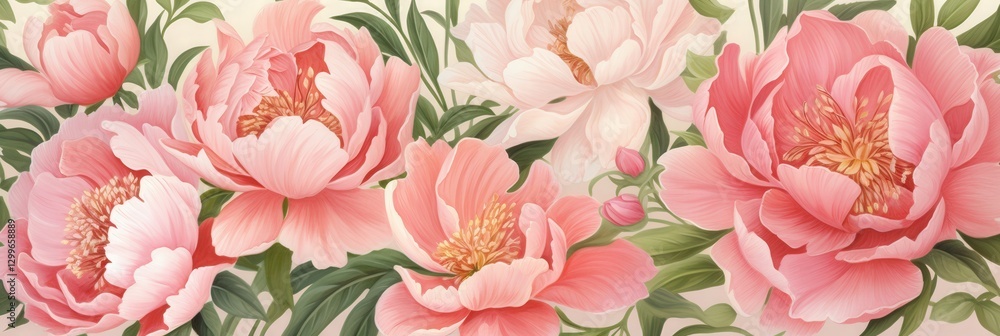 Pink and white peony flowers with green leaves on a cream background for floral design projects Pink and white peony flowers with green leaves on a cream background for floral design projects