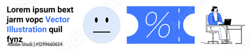 Neutral face beside a discount ticket and person using a laptop at desk. Ideal for emotions, saving, e-commerce, digital communication, office tasks, productivity, abstract line flat metaphor