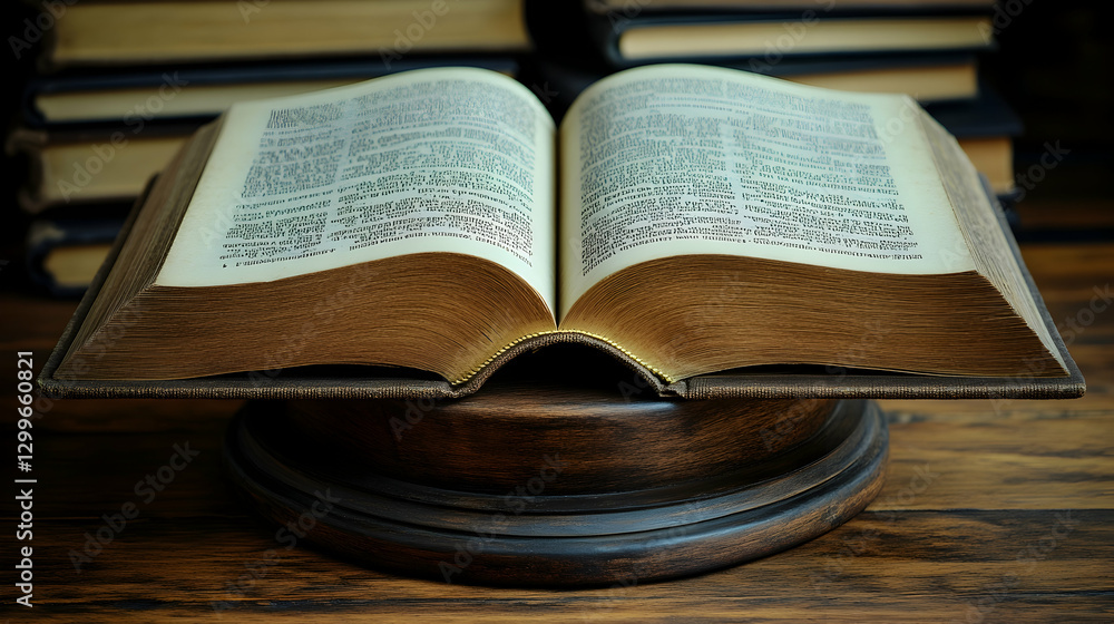 Open book on wooden stand, surrounded by books Open book on wooden stand, surrounded by books