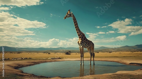 A tall giraffe standing by a tranquil watering hole in a vast, open savanna landscape beneath a bright blue sky with scattered clouds