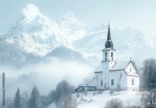 Wallpaper Mural Snowy Mountain Village Church Scene Torontodigital.ca