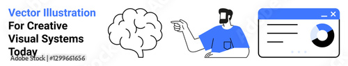 Brain graphic, man gesturing toward data chart, promoting innovation, creativity, technology, analysis, learning, and cognitive sciences. Ideal for education marketing infographics research flat