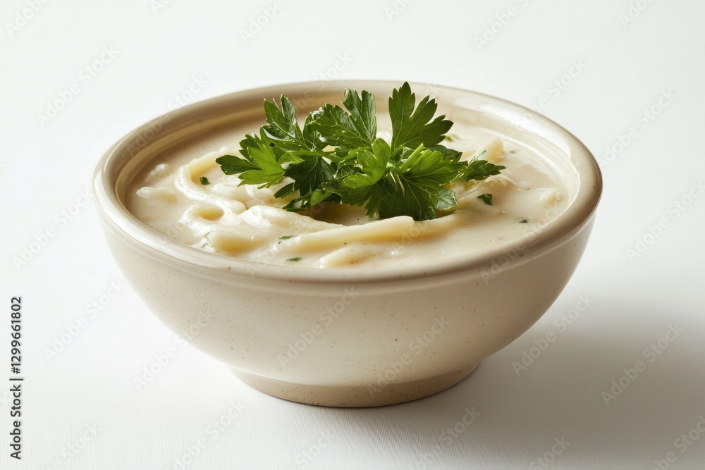 Creamy comfort noodle soup adorned with fresh green parsley in a beige ceramic bowl delectable presentation Creamy comfort noodle soup adorned with fresh green parsley in a beige ceramic bowl delectable presentation